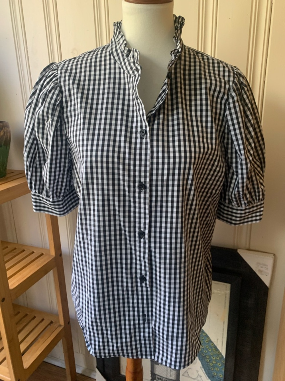 NEW  WHO WHAT WEAR GINGHAM BLOUSE COTTON BLACK WHITE RUFFLED Size L / XL